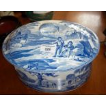Unusual early 19th c. blue and white transfer decorated Davenport English scenery pie dish and