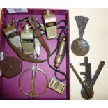 Old whistles, strange key multi-tool, Scottish Sterling silver caddy spoon, etc.