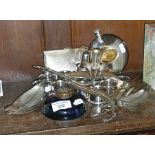 Victorian glass desk inkwell and assorted silver plated items