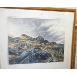 Large watercolour landscape of mountain with sheep by Derry Shannon, 33" x 38" inc. frame