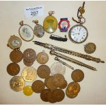 Antique photo lockets, silver ladies engraved wrist watch hallmarked for Chester 1879, old coins,