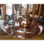 Victorian copper kettle, middle eastern copper tray, silver plated cream jug and two butter knives