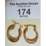 9ct tri-colour gold hoop earrings, approx. 1.5g