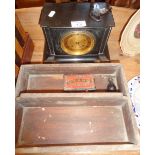 Victorian black slate mantle clock, cutlery tray and carved wooden box