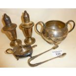 Sterling silver cruet set A/F, sugar bowl, sugar tongs and mustard pot with spoon, all hallmarked.