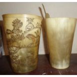 19th c. incised horn beaker with scenes of huntsmen, hounds and horses and the horn beaker with