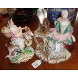 Meissen figure of a seated lady and a spinning wheel together with a Staffordshire figure of a woman
