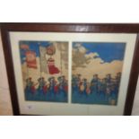 Japanese coloured woodblock print on cotton of marching soldiers, 10" x 14.5" image size, signed