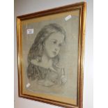 Victorian pencil portrait of a young girl with book, signed Lucy W. Cooper 1888