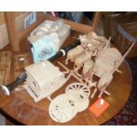A Descant recorder, Indian carved wood toy carts (A/F), two cribbage boards, Bakelite clock and 10
