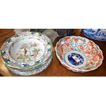 Four Masons Ironstone soup bowls, a Spode plate and an Imari bowl