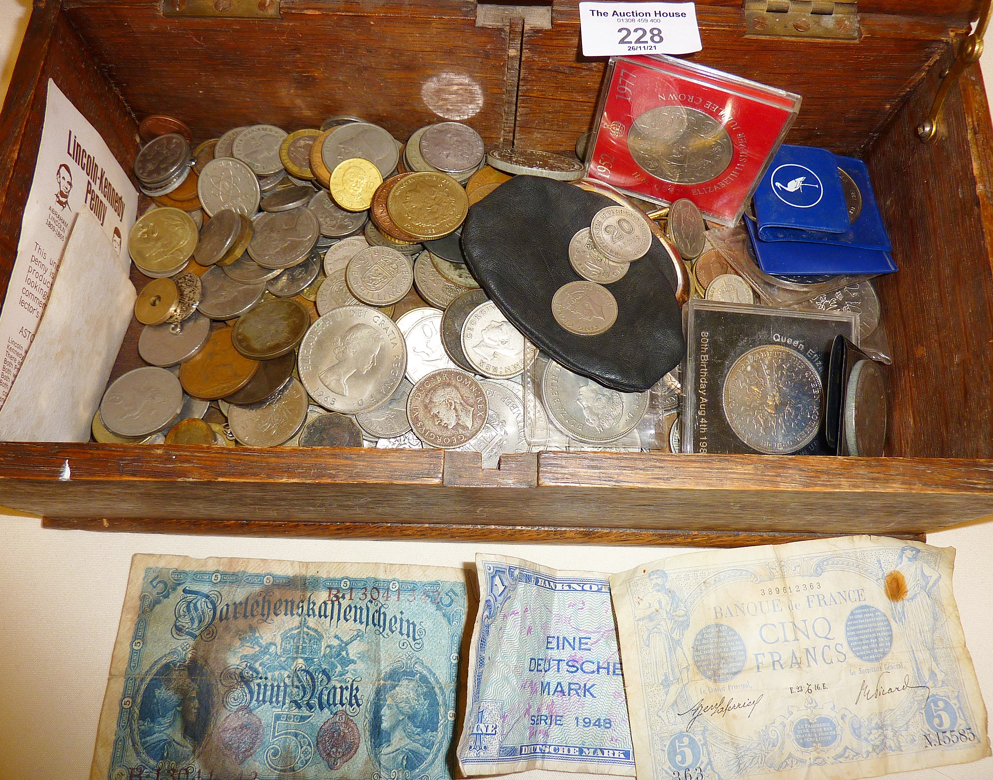 Wooden box containing old coins, few banknotes, etc.