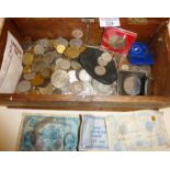 Wooden box containing old coins, few banknotes, etc.