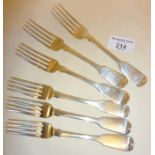 Set of 6 Sterling silver fiddle pattern dessert forks, hallmarked for London 1845, maker GA, approx.