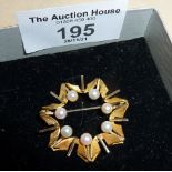 Modernist style 18ct gold pearl star brooch - maker R & G or K & G? Approx. weight 3g