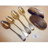 Silver tablespoons, some early 19th c, and hammered silver brushes (approx. total weight of spoons