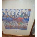 1920's colour etching of Continental fishing boats, signed and titled in pencil