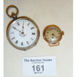 9ct gold cased wrist watch, and an 800 silver cased pocket watch with enamelled face