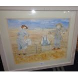 Contemporary watercolour of a scarecrow and figures in a field titled verso "Kippering Day" by