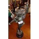 Victorian spelter figure of a putti with spill lamp, 14" high