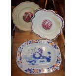 Ironstone dish together with two antique porcelain lustre "Charity" plates