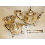 Three piece Sterling silver tea set (and tongs) hallmarked for Sheffield 1910 - maker Henry