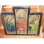 19th c. religious triptych colour printed panel of three figures with inscriptions after a panel