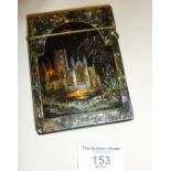 Late Victorian black lacquered card case inlaid with mother of pearl and depicting ruined abbeys