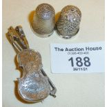 Silver thimbles x 2, HG & S, and a silver violin brooch