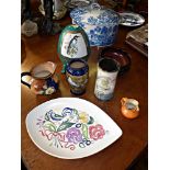 Shaped Poole Pottery dish, Royal Doulton stoneware vase, painted porcelain egg, casket and five