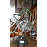 Art Deco bronze figure of a dancing woman in flared skirt with embossed decoration, 49cm tall