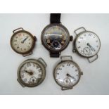 Five trench type watches including one with silver case with import marks,