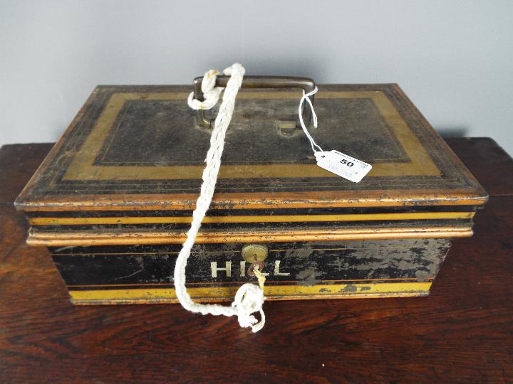 A mahogany box / chest with hinge lid approximately 20 cm x 74 cm x 39 cm and a Milners Safe Comany - Image 2 of 5