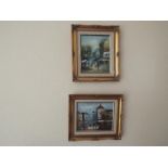 Two gilt framed continental street scenes signed Burnett, 19 cm x 24 cm and 24 cm x 19 cm.
