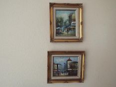 Two gilt framed continental street scenes signed Burnett, 19 cm x 24 cm and 24 cm x 19 cm.