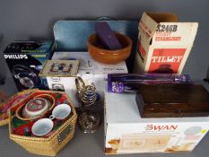 Mixed lot to include household items, Chinese tea set, boxed Tilley Stormlight, wooden bowl and box,