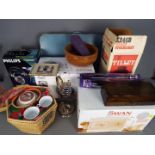 Mixed lot to include household items, Chinese tea set, boxed Tilley Stormlight, wooden bowl and box,