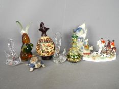 Lot to include a Murano style glass rabbit, Jena fish group,