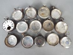 A collection of thirteen silver and one white metal pocket watch cases and part cases,