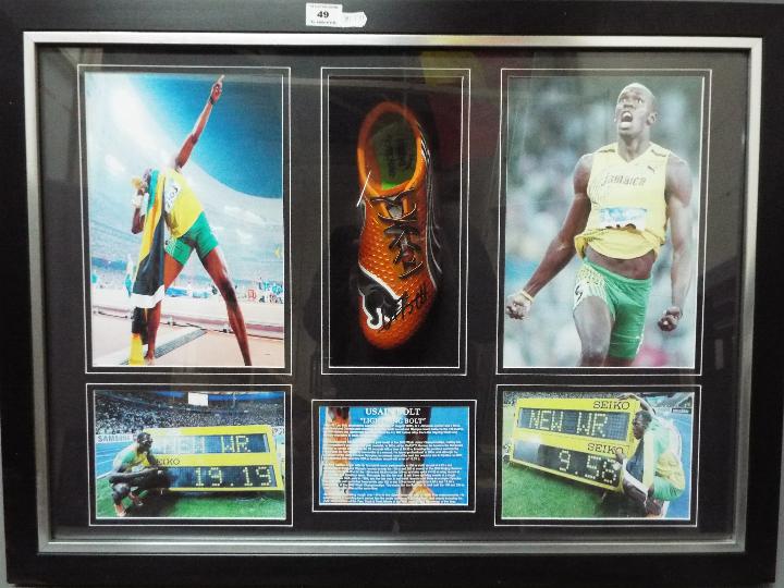 Usain Bolt - A framed sporting montage comprising a Puma running shoe / spike bearing original