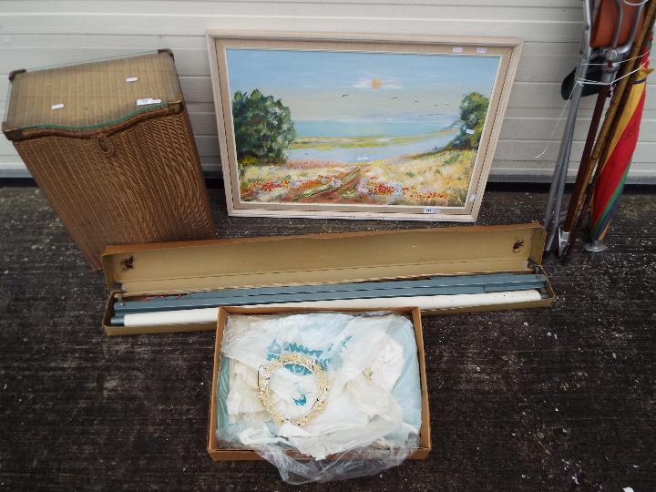 A mixed lot to include hiking staff, shooting stick, oil painting, projector screen and other. - Image 2 of 3