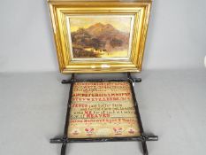 A framed needlework sampler with letters, numbers, biblical verse set between horizontal borders,