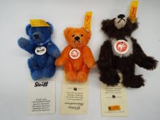 Steiff - a blue mohair Steiff bear with jointed limbs, stitched nose, tag,