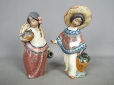 Lladro - Two Lladro gres figurines comprising 'Pepita With Sombrero' # 2140 and 'Pedro With Jug' #