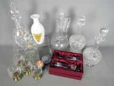 Lot to include five decanters one with hallmarked silver bottle label,