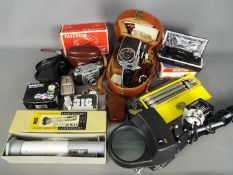 Photography - A quantity of cameras and accessories to include a Zeiss Ikon Contina, Olympus,