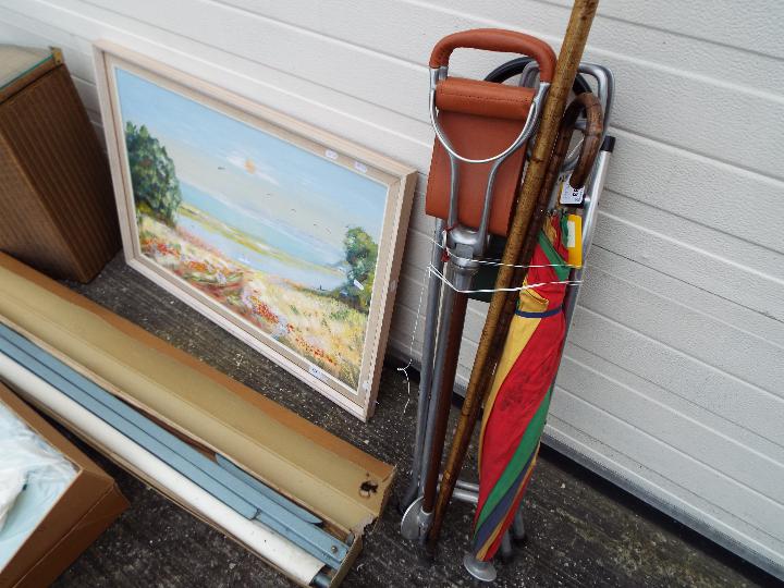 A mixed lot to include hiking staff, shooting stick, oil painting, projector screen and other. - Image 3 of 3