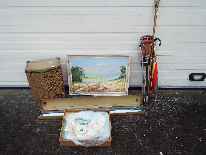 A mixed lot to include hiking staff, shooting stick, oil painting, projector screen and other.