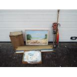 A mixed lot to include hiking staff, shooting stick, oil painting, projector screen and other.