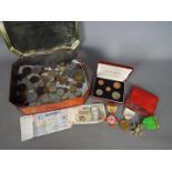 A quantity of UK and foreign coins and bank notes, Red Cross Nursing Proficiency medal,